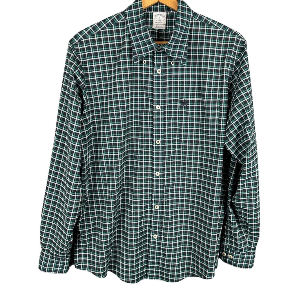 Brooks Brothers Regent Fit Green Plaid Performance Shirt Mens Large Button Down